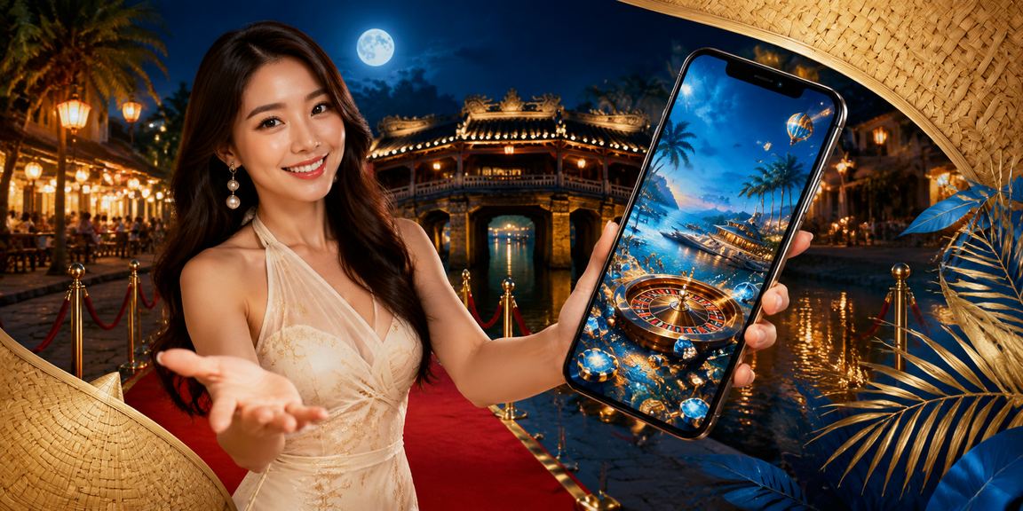 Người phụ nữ đội nón lá tại Hội An sử dụng điện thoại để đăng ký tài khoản casino